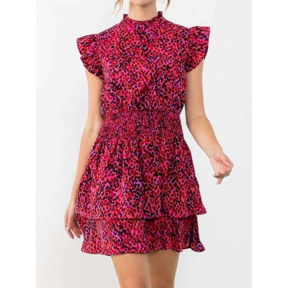 THML Pink Animal Print Mini Dress Flutter Sleeves Smocked Waist Small